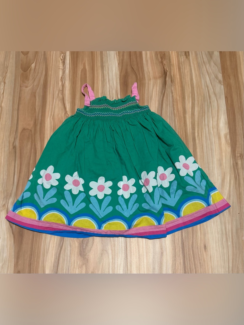 Mini Boden Green Floral Sundress with Pink Straps and Rainbow Hem